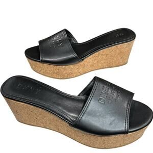 DKNY Platform Wedge Sandal Womens 8.5 Black Logo Cork Like Slip On Retro Chic
